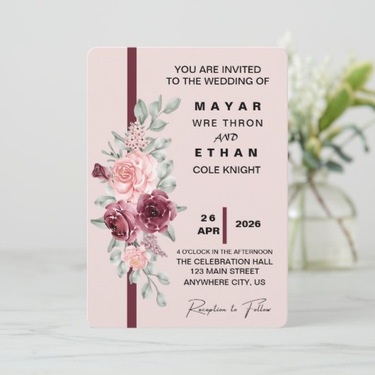 Elegante bloemen bruiloft uitnodiging (Staand voorkant)