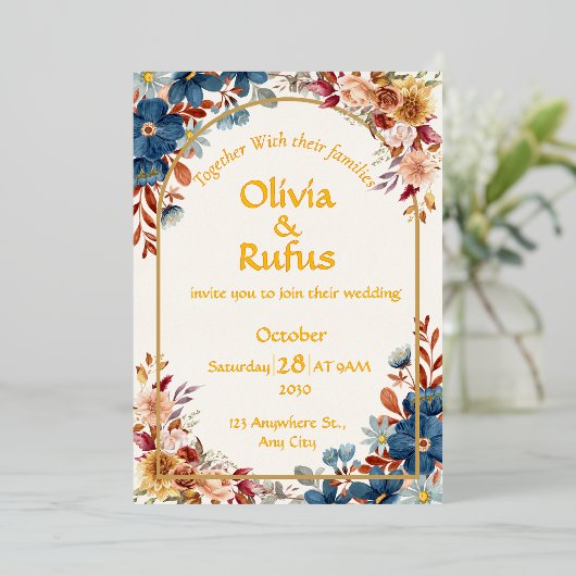 Elegante Bloemen Bruiloft Uitnodiging (Staand Voorkant)