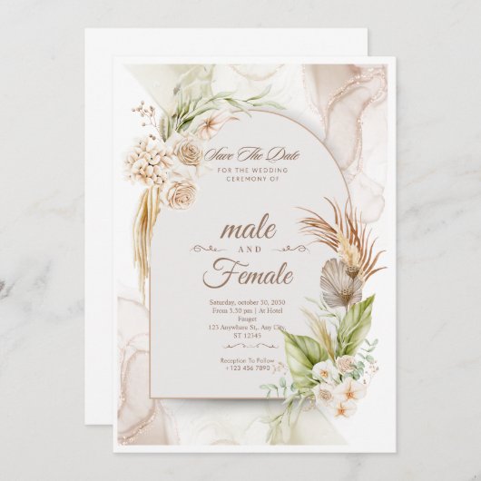 Elegante bloemen bruiloft uitnodiging | Aanpasbaar (Voorkant / Achterkant)