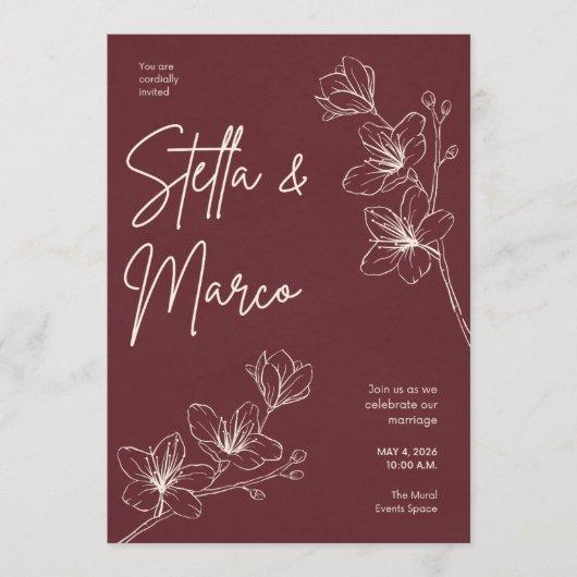 Elegante Bloemen Bruiloft Uitnodiging – Diep Maroo (Voorkant)
