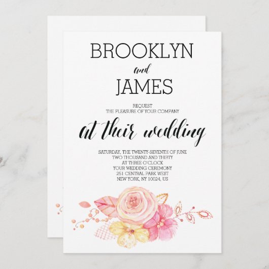 Elegante bloemen bruiloft uitnodiging met parels e (Voorkant / Achterkant)