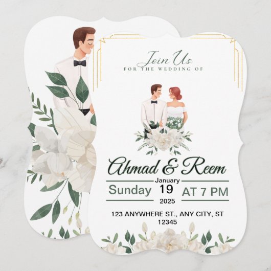 Elegante bloemen bruiloft uitnodigingen - volledig (Voorkant / Achterkant)