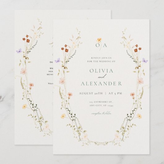 Elegante bloemen bruiloft uitnodigingskaart kaart (Voorkant / Achterkant)