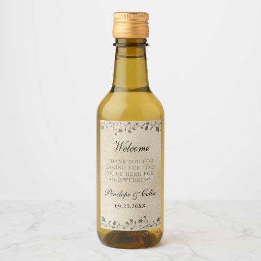 Elegante  Bloemen Bruiloft Welkomstmand Mini Wijn Etiket (Voorkant)
