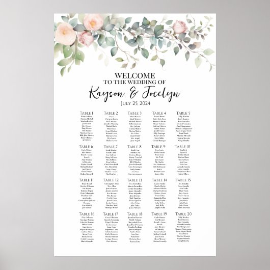 Elegante bloemen bruiloft zitgrafiek 20 tafels poster (Voorkant)