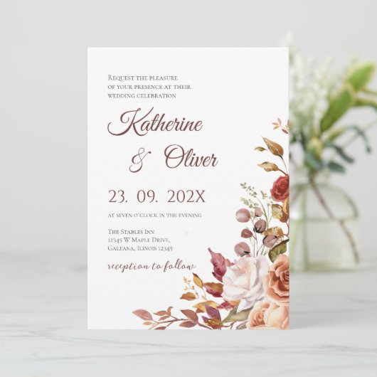 Elegante bloemen bruiloftsinvatie kaart (Staand voorkant)
