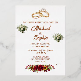 Elegante bloemen bruiloftsinvatie met gouden ringe folie uitnodiging