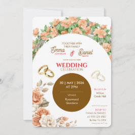 Elegante bloemen bruiloftsinvatie – Perzik & Goud Kaart
