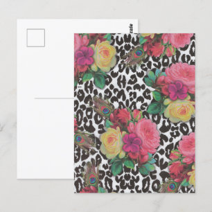  elegante bloemen cheetah pauw floral briefkaart