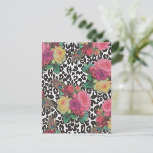  elegante bloemen cheetah pauw floral briefkaart (Staand voorkant)