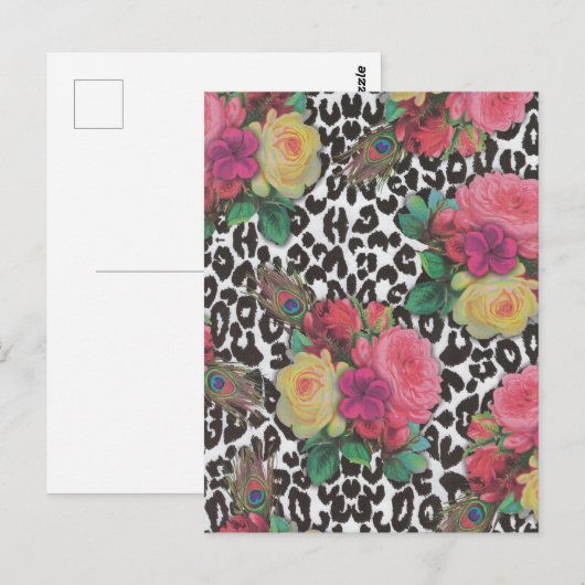  elegante bloemen cheetah pauw floral briefkaart (Voorkant / Achterkant)