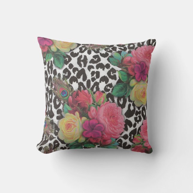  elegante bloemen cheetah pauw floral kussen (Voorkant)