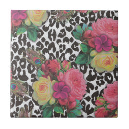 elegante bloemen cheetah pauw floral tegeltje