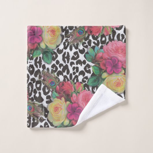  elegante bloemen cheetah pauw floral washandje (Wasdoekje)