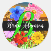 Elegante Bloemen: Chic Stijlvol Monogram Script Na Ronde Sticker (Voorkant)