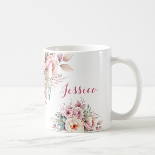 Elegante Bloemen Custom Naam Modern Koffiemok (Rechts)