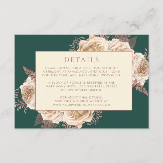 Elegante Bloemen Donker Blauwgroen Roos Goud Trouw Informatiekaartje (Voorkant)