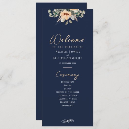 Elegante bloemen donkerblauw, Bruiloftsprogramma Programmakaart (Voorkant / Achterkant)