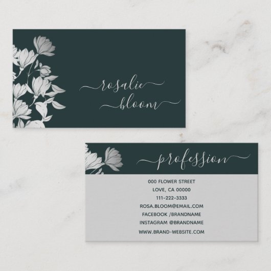 Elegante bloemen Eenvoudig bloemenpatroon Donkergr Visitekaartje (Voorkant / Achterkant)