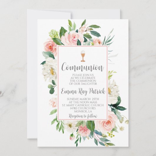 Elegante Bloemen Eerste Communie Kaart (Voorkant)