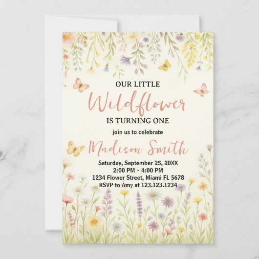 Elegante Bloemen Eerste Verjaardag Uitnodiging (Voorkant)