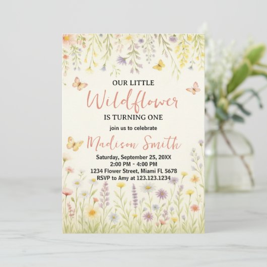 Elegante Bloemen Eerste Verjaardag Uitnodiging (Staand voorkant)