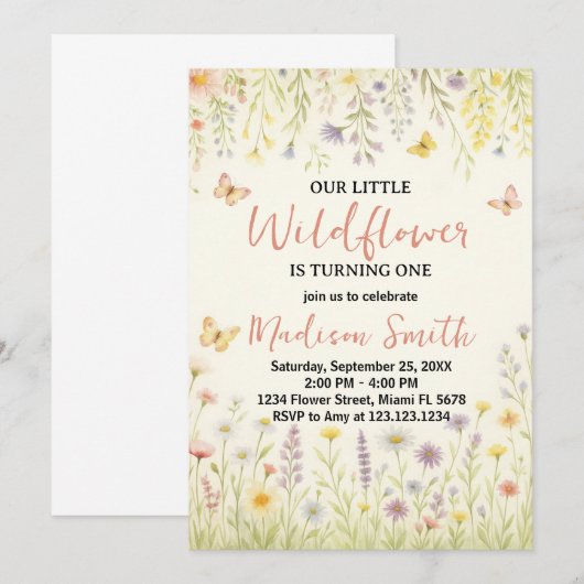Elegante Bloemen Eerste Verjaardag Uitnodiging (Voorkant / Achterkant)