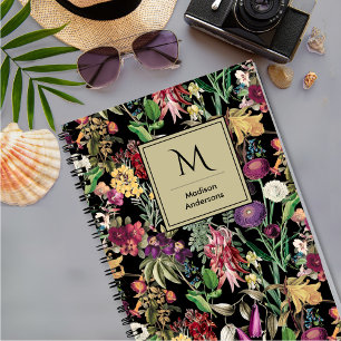 Elegante bloemen en bladeren zwart bloemenpatroon notitieboek