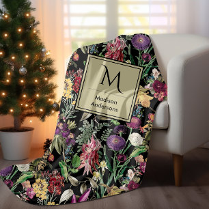 Elegante bloemen en bladeren zwart bloemig fleece deken