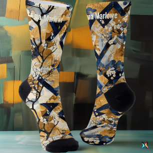 Elegante bloemen en blauwe patchwork – gepersonali sokken