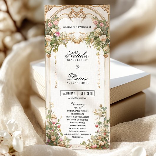 Elegante  bloemen en gouden bruiloft programmakaart