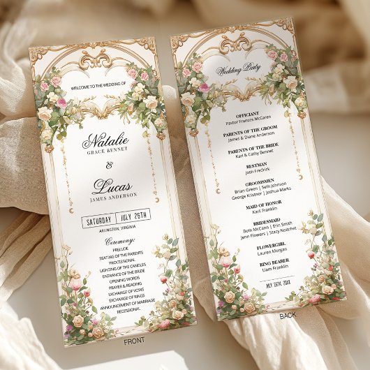 Elegante bloemen en gouden bruiloft programmakaart