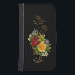 Elegante bloemen en gouden rollen galaxy s4 portefeuille hoesje<br><div class="desc">Rijke kleuren van gele en rode rozen,  en diverse witte en blauwe bloemen met gouden bladeren en rollen op een zwarte achtergrond.</div>