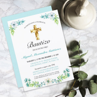 Elegante bloemen en kruis voor kind doopfeest kaart
