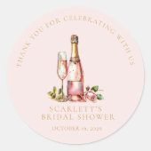 Elegante Bloemen en Prosecco Bruidsdiner Ronde Sticker (Voorkant)