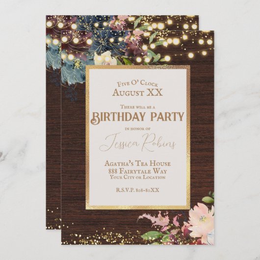 Elegante bloemen en sprookjesverlichting op hout kaart (Voorkant / Achterkant)