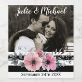 Elegante Bloemen en Strepen Custom Foto Bruiloft Wijn Etiket (Enkel label)