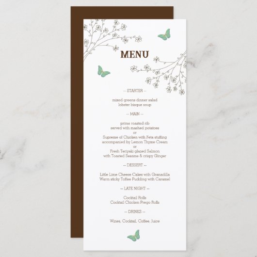 Elegante Bloemen en Vlinder Bruiloft Menu (Voorkant / Achterkant)