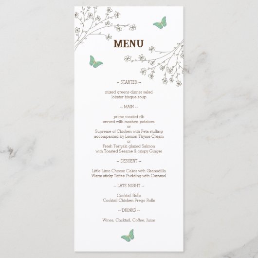 Elegante Bloemen en Vlinder Bruiloft Menu (Voorkant)