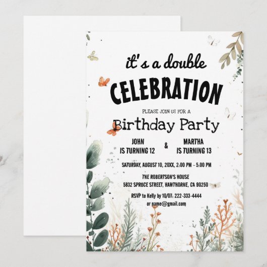 Elegante Bloemen en Vlinder Dubbele Verjaardagsfee Kaart (Voorkant / Achterkant)