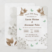Elegante bloemen- en vlinderhuwelijksuitnodiging kaart (Voorkant / Achterkant)