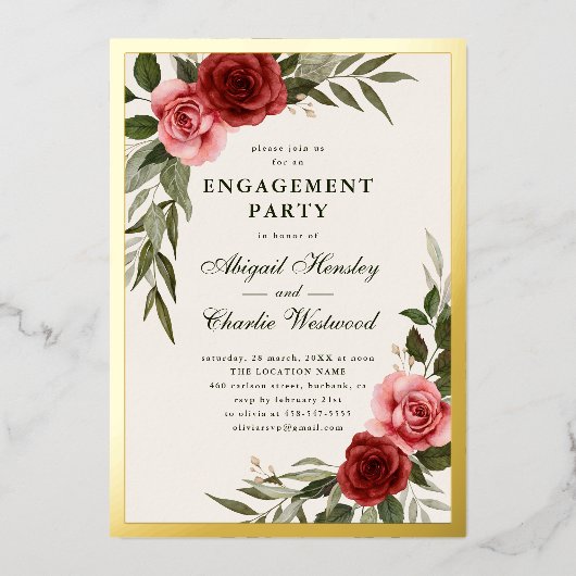 Elegante  Bloemen Engagement Party Folie Uitnodiging (Voorkant)