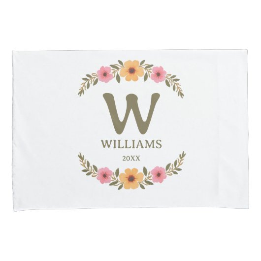 Elegante Bloemen Familienaam Monogrammed Kussensloop (Voorkant-Rechts)