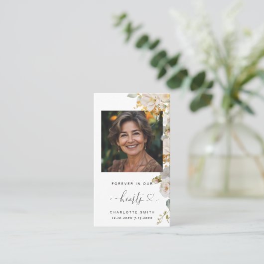Elegante Bloemen Foto Begrafenis Gebed Kaart Visitekaartje (Staand voorkant)