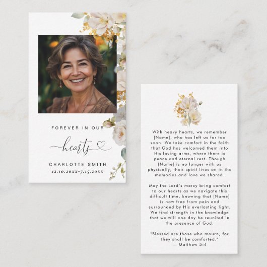 Elegante Bloemen Foto Begrafenis Gebed Kaart Visitekaartje (Voorkant / Achterkant)