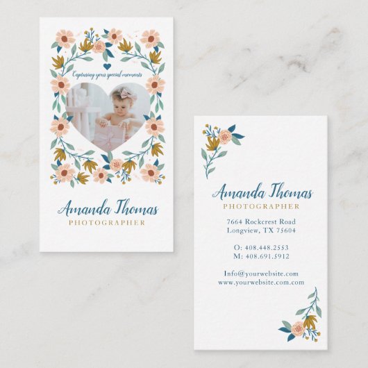 Elegante Bloemen Foto Hart Fotograaf Visitekaartje (Voorkant / Achterkant)
