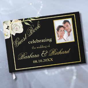 Elegante Bloemen Foto Zwart Huwelijk Gouden Folie Gastenboek