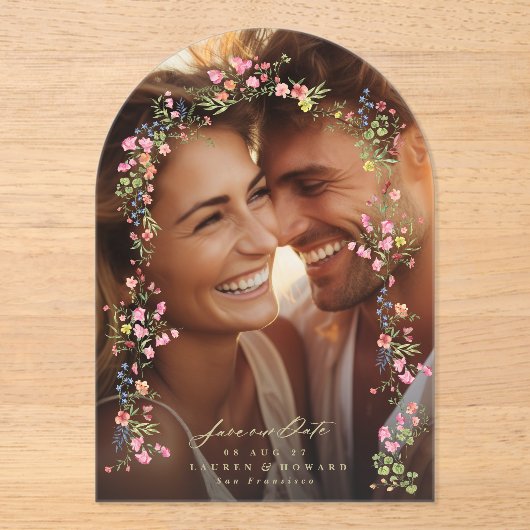 Elegante Bloemen Fotoboog Save the Date Wedding Acryl Uitnodigingen (Voorkant)