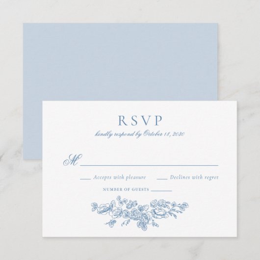 Elegante Bloemen Franse Blauwe Huwelijk RSVP Kaart (Voorkant / Achterkant)