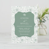 Elegante Bloemen Franse Toile Sage Green Wedding Kaart (Staand voorkant)